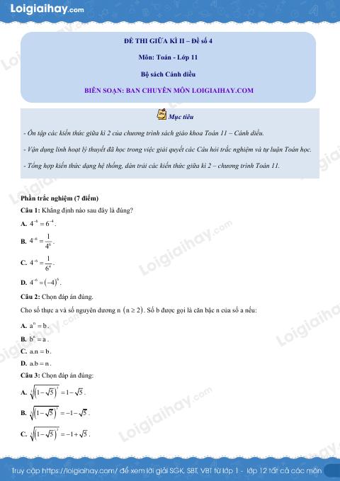 Đề thi giữa kì 2 Toán 11 Cánh diều - Đề số 4